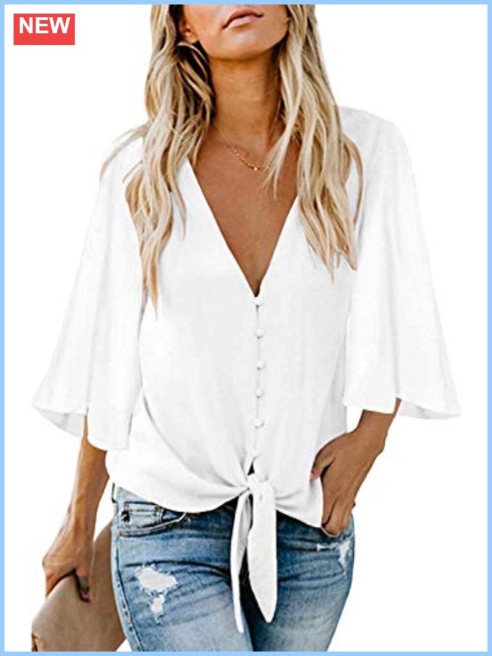 Women's Chiffon Blouse Button Down V Neck Tie Knot Front 3/4 Sleeve